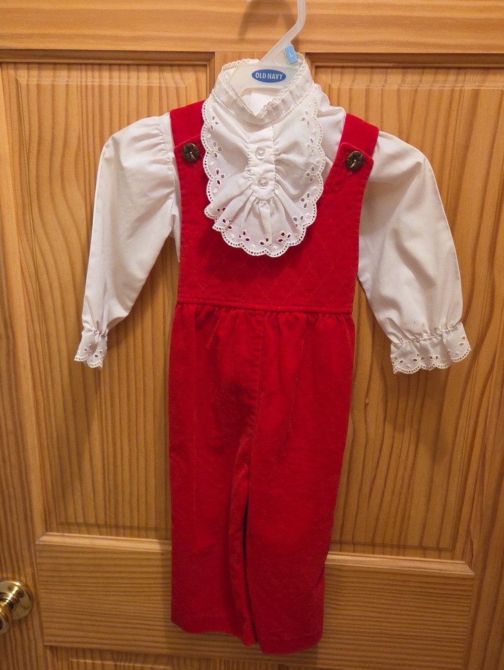 VINTAGE, Tiny Tots Red Corduroy Pinafore Overalls with White Eyelet Blouse